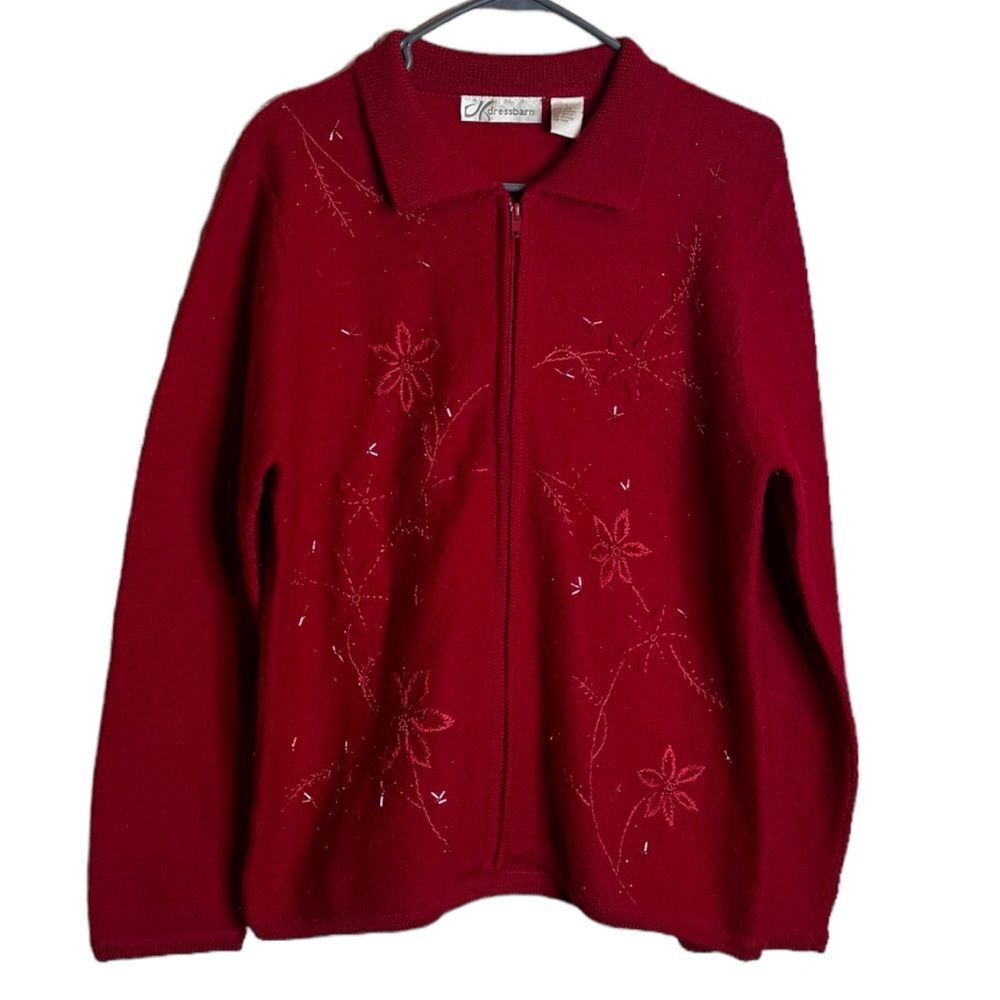 Dress Barn Red Floral Wool Sweater size Large